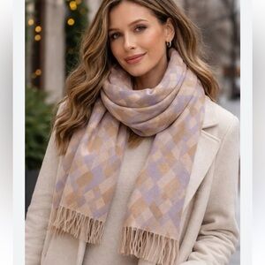 J Crew wool blanket scarf fringe trim 100% wool geometric purple tan beige